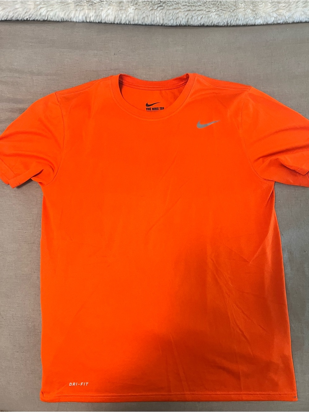 Nike Men’s Dri-FIT Short Sleeve Crew Tee — Bright Orange with Silver Swoosh